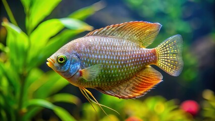 Captivating dwarf gourami swimming gracefully amidst lush aquatic plants. Generative AI