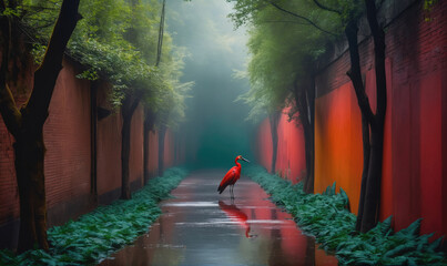 Obraz premium A scarlet ibis stands in a misty, red-walled alleyway in China