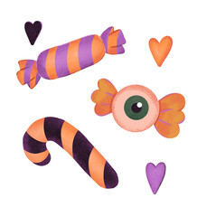Halloween candy, sweets icon set. Candy, lollipop, eyeball, hearts icon set isolated on a white background