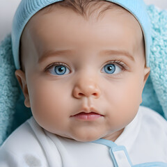Closeup portrait of a cute baby boy with blue eyes wearing a blue hat and a white shirt
