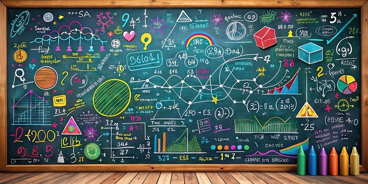 Colorful chalkboard filled with intricate mathematical symbols, formulas, and equations, including integrals, derivatives, and limits, showcasing the complex beauty of calculus.