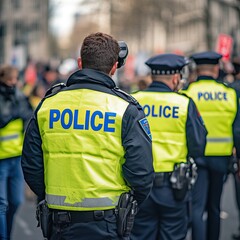 Police officers in bright yellow jackets monitoring a crowd. AI generated image