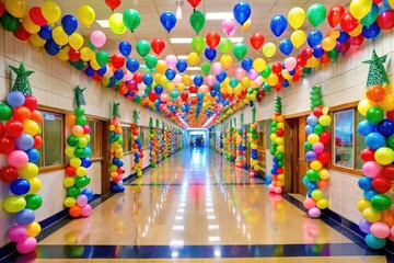 Colorful elementary school hallway decorated with balloons, streamers, and a large banner celebrating a milestone 100th day of school with festive atmosphere.
