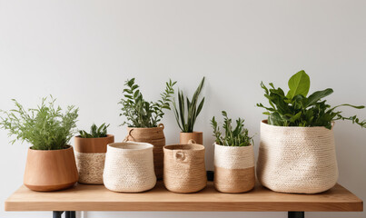 Fototapeta premium Seven potted plants sit on a wooden shelf in a white room