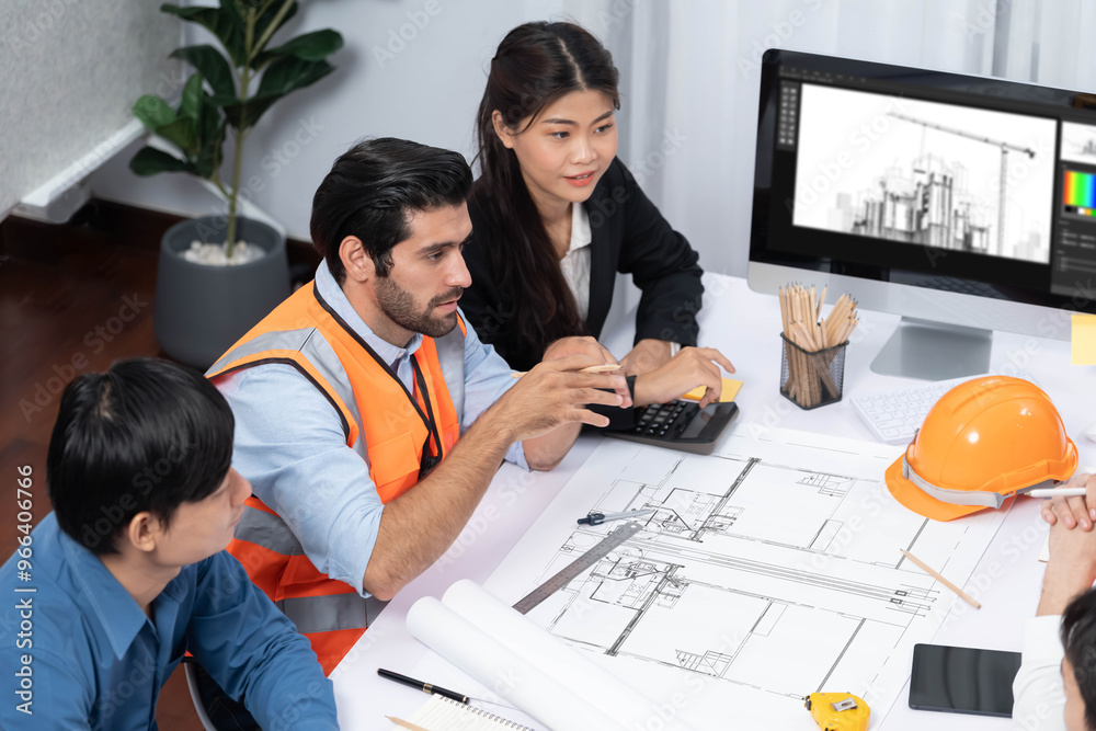 Poster Diverse group of civil engineer and client working together on architectural project, reviewing construction plan and building blueprint at meeting table. Prudent