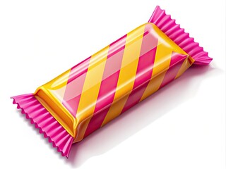 Colorful illustration of a classic candy bar with bold stripes, featuring bright pink and yellow wrappers wrapped around a sweet treat.