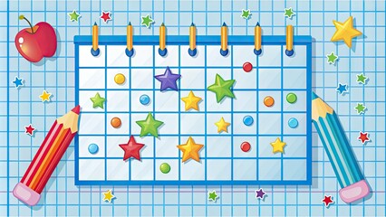 Colorful illustration of a school-themed calendar featuring bright clipart elements, including pencils, apples, and stars, on a white background with bold blue grid lines.