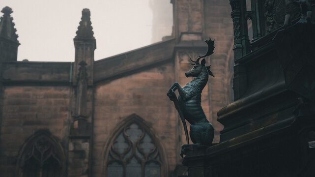 Deer statue on the Walter Francis Montagu Douglas Scott monument in Edinburgh, Scotland.