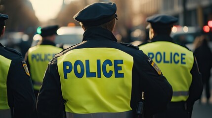 Police officers in bright yellow jackets monitoring a crowd. AI generated image