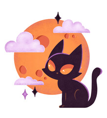Halloween holiday composition with black cat and full moon, print for T-shirt, card