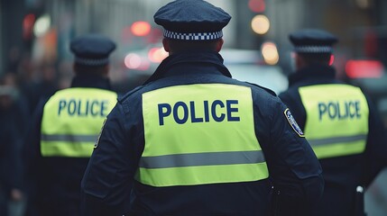 Police officers in bright yellow jackets monitoring a crowd. AI generated image