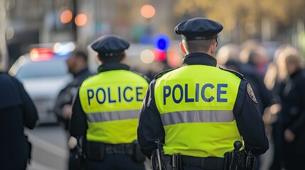 Police officers in bright yellow jackets monitoring a crowd. AI generated image