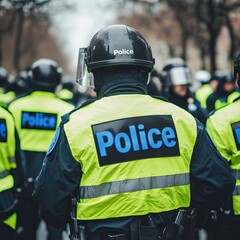 Obraz premium Police officers in bright yellow jackets monitoring a crowd. AI generated image