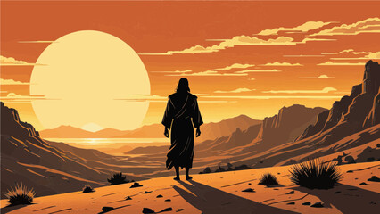 Silhouette illustration of Jesus in Desert. Depiction of the temptation of Satan concept
