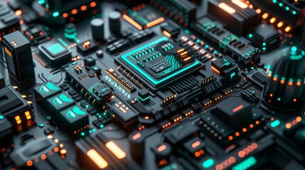Close up of a futuristic circuit board with glowing green elements symbolizing advanced technology