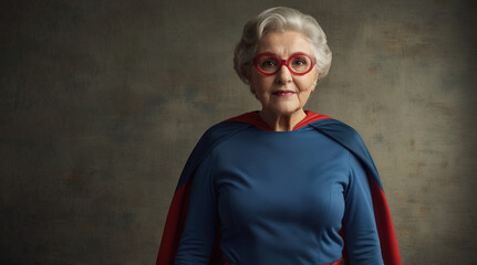 An elderly woman dressed as a superhero stands confidently against a grey backdrop, showcasing her unique role and character with pride