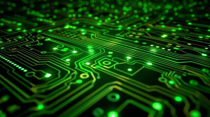 Obraz premium Close up of a high tech circuit board with glowing green pathways symbolizing future technology