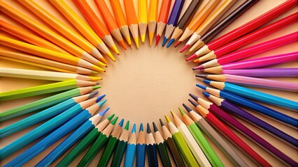 Obraz premium Colorful Pencils Arranged In A Fanned-Out Display Against A Beige Background, Creating A Vibrant And Artistic Composition.
