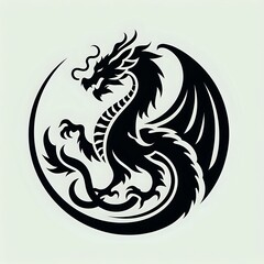 Black and white vector illustration of a wild  dragon head, with a striped feline tattoo