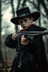 A young boy dressed in a dark cloak and hat aims a crossbow in a forest setting.
