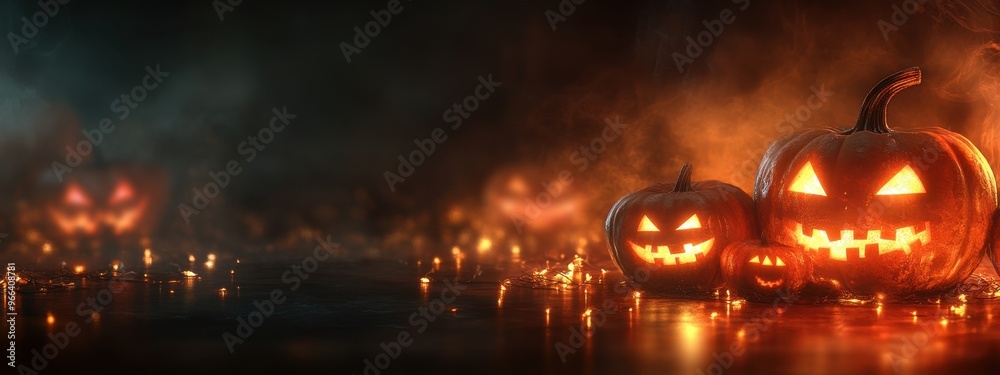Canvas Prints halloween pumpkins illuminated by warm lights on a dark background with copy space for a banner capt