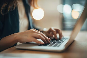 Close Up of Woman Hands Typing Business Report on a Laptop Computer An anonymous Asian businesswoman working on her laptop computer while sitting at desk in her office