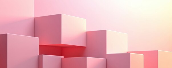Obraz premium Abstract geometric shapes in pink tones forming a stair-like pattern. Modern minimalist design with a soft gradient background.