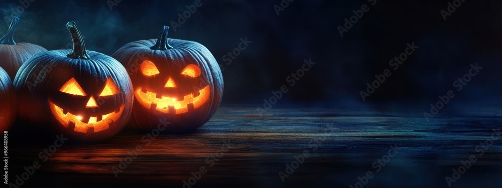 Canvas Prints dark background with halloween pumpkins illuminated by lights, banner for copy space smiling carved 