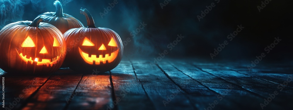 Canvas Prints dark background with halloween pumpkins illuminated by lights, banner for copy space smiling carved 