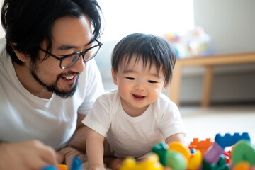 Obraz premium Father and Son Enjoying Playtime with Colorful Toys
