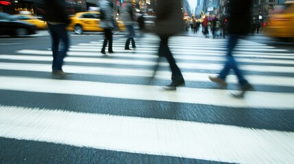 Blurred motion of pedestrians crossing a city street at a crosswalk with yellow taxis in the...