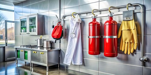 Commercial kitchen fire suppression system, fire extinguisher, and safety gear, including gloves and a first aid kit, hangs on a wall for emergency preparedness.