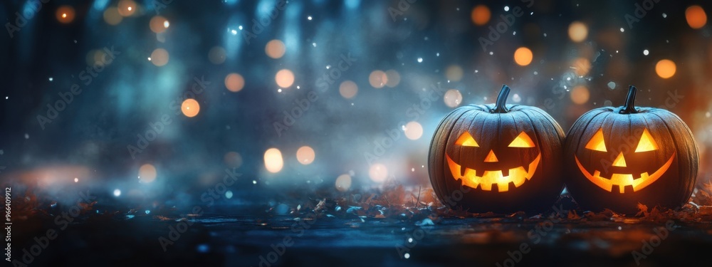 Canvas Prints dark background with blurred lights and two carved pumpkins on the right side of the image, hallowee