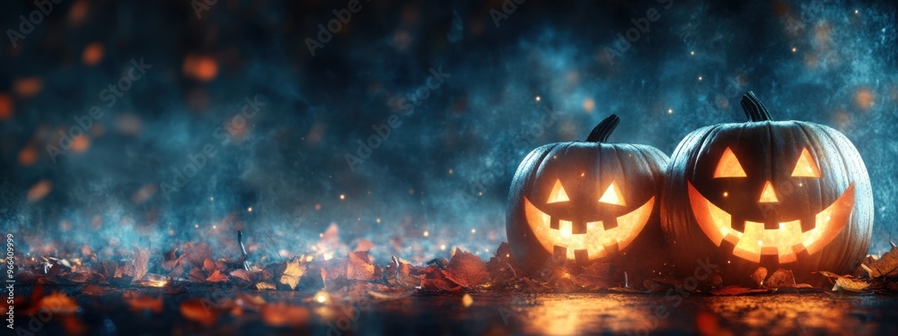 Canvas Prints halloween pumpkins illuminated by warm lights on a dark background with copy space for a banner capt