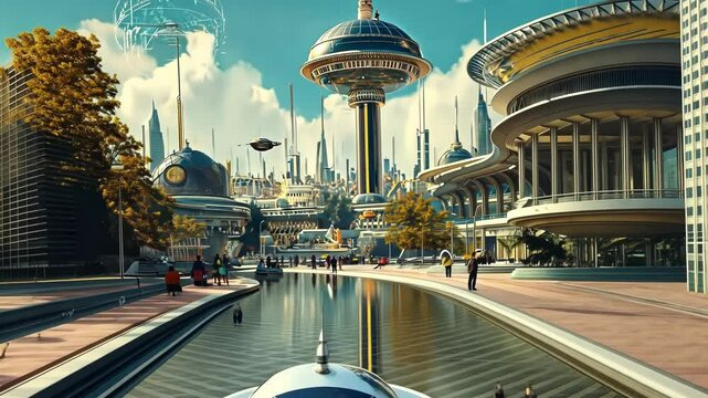 Retrofuturistic landscape in mid-century sci-fi style. Retro science fiction scene with futuristic city buildings