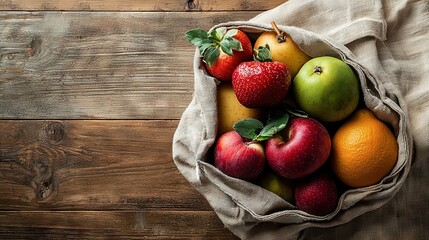   A cloth bag brimming with apples, oranges, and strawberries sits atop a wooden table alongside a wooden wall