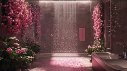 Elegant Bathroom Design Poster: Rainfall Shower with Shimmering Water Droplets, Vibrant Pink Roses & Lush Decorative Plants for a Serene Atmosphere