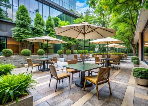 Cozy outdoor seating area adjacent to a modern cafeteria, featuring sleek tables, chairs, and umbrellas amidst lush greenery and natural stone flooring.