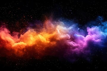 Naklejka premium explosive panorama of vibrant rainbow powder clouds frozen motion against black background vivid color spectrum
