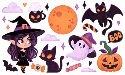 Halloween element set witch, ghost, funny pumpkins. Perfect for scrapbooking, greeting card, party invitation, poster, tag, sticker kit