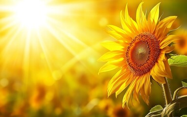 Obraz premium A vibrant sunflower stands tall in a sunlit field, radiating warmth and beauty, symbolizing nature's brilliance.