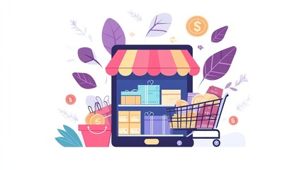 Illustration of online shopping using mobile devices. AI generated image