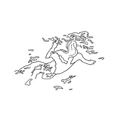 Silhouette d'une jeune femme vue de haut qui se baigne et nage dans l'eau avec des vaguelettes autour d'elle. Esquisse, design à la main en noir et blanc minimaliste et épuré