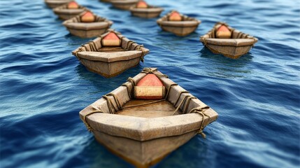 Obraz premium A serene view of multiple boats drifting calmly on clear blue water, evoking tranquility and peacefulness in nature.