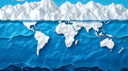 A stunning 3D paper-cut style illustration of the world map beneath a vibrant ocean and snow-capped mountains.