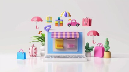 Colorful 3D icons of e-commerce items floating around a laptop screen. AI generated image