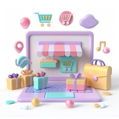 Fototapeta premium Colorful 3D icons of e-commerce items floating around a laptop screen. AI generated image