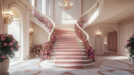 Dreamy Pink Palette Staircase Poster: Elevate Your Space with Elegant Roses, Textured Carpet, and Sophisticated Lighting for a Serene Ambiance in Sports Interiors