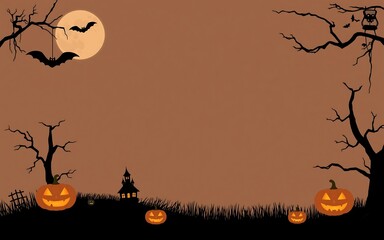 Spooky Halloween background with orange pumpkins and black silhouettes against a brown sky. 
