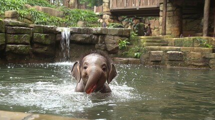   A baby elephant in a pool with a red ball in its mouth and a waterfall in the backdrop